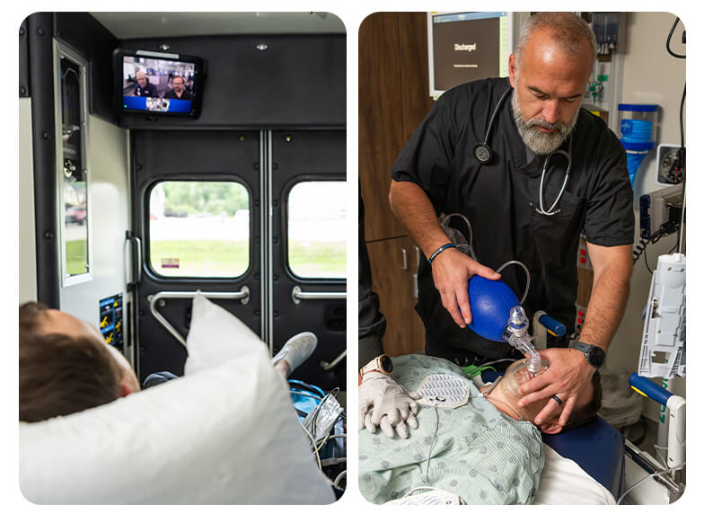 man in ambulance looking at Avel(left) man preforming CPR (right)